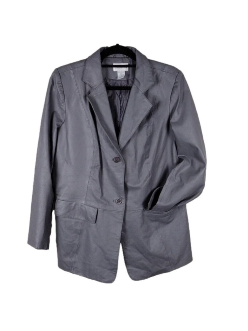 Chadwick's Grey Leather One Notched Collar Long Sleeve Button Front Blazer Coat